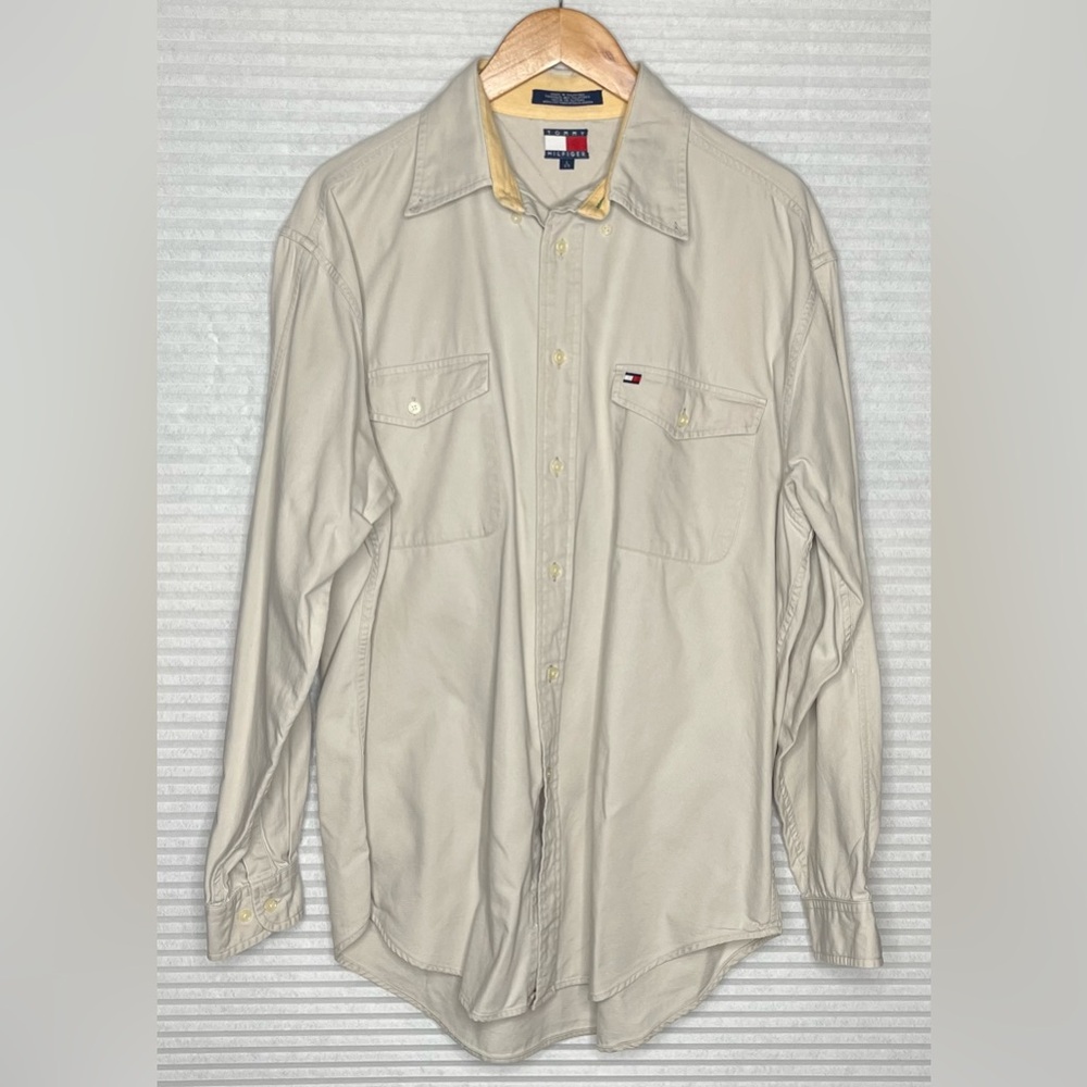 Vintage 90s Tommy Hilfiger Long Sleeve Mens Button Front Long Sleeve Khaki Shirt